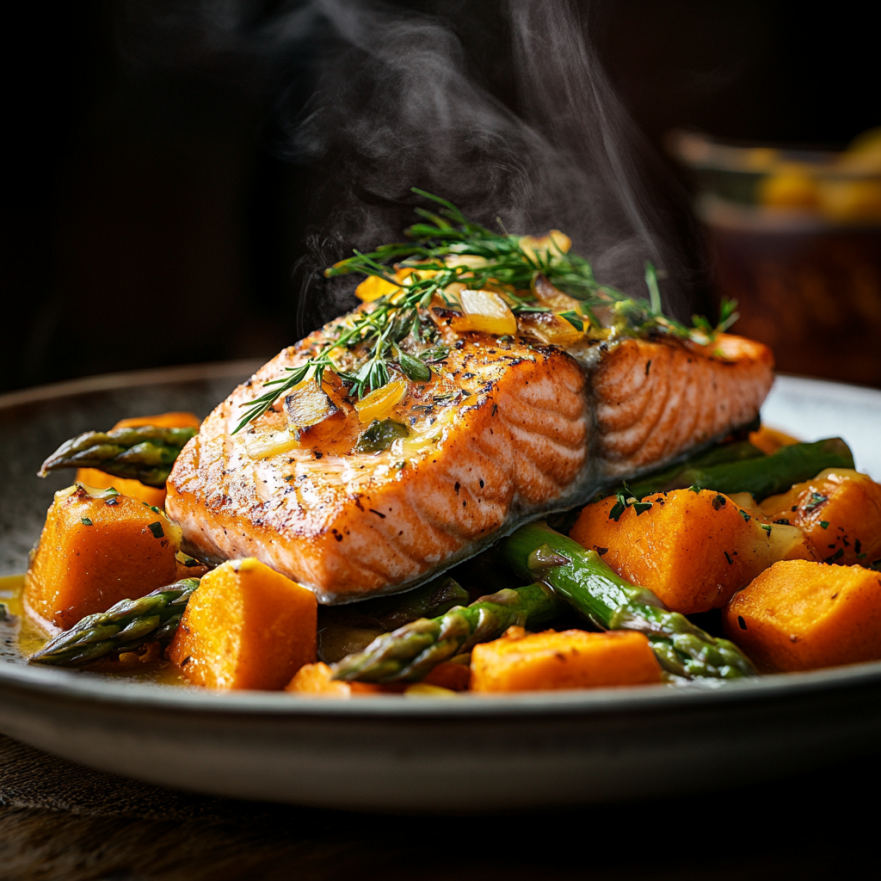 Печена сьомга с аспержи и сладки картофи